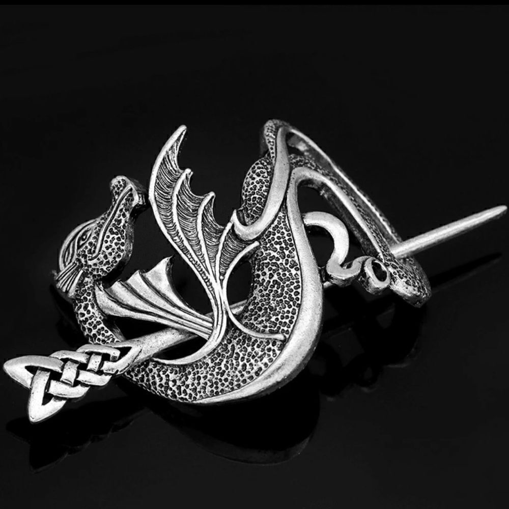 Vintage Inspired Viking Water Dragon Hair Accessory, silver color